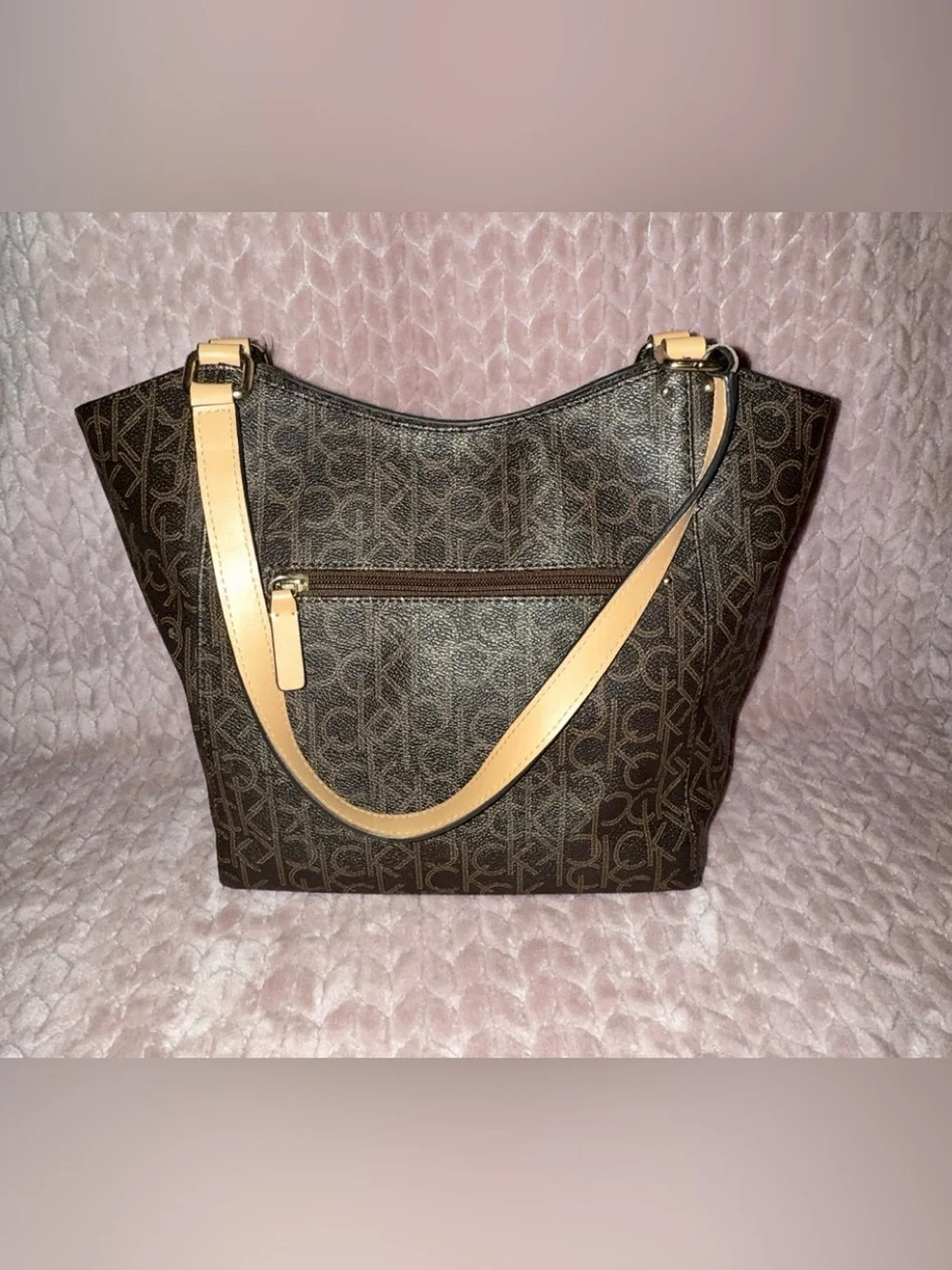 Calvin Klein Brown Monogram Shoulder Bag with Tan Straps